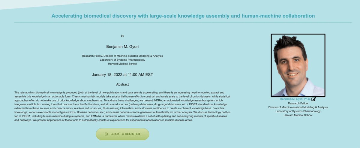 cosi_sysmod's tweet photo. ☞ Register now for the 1st SysMod Webinar about “Accelerating biomedical discovery with large-scale knowledge assembly and human-machine collaboration” by Benjamin M. Gyori at https://t.co/uaK3YzCabj on January 18, 2022, at 11:00 AM EST, part of the #ISCBAcademy. https://t.co/y7Oo1OWyRQ