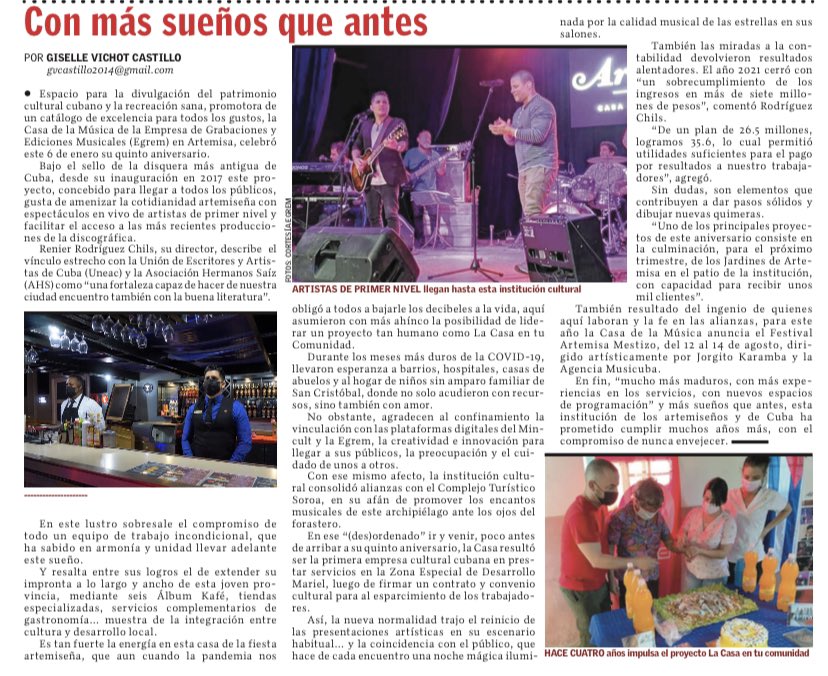 La Casa de la Música de Artemisa se siente orgulloso de una vez más estar presente en Nuestro periódico 📰 El Artemiseño, dando a conocer la labor que desempeñamos con mucho amor a nuestro pueblo con Servicio de  calidad que nos caracteriza y ofreciendo nuestra Cubanía 🇨🇺