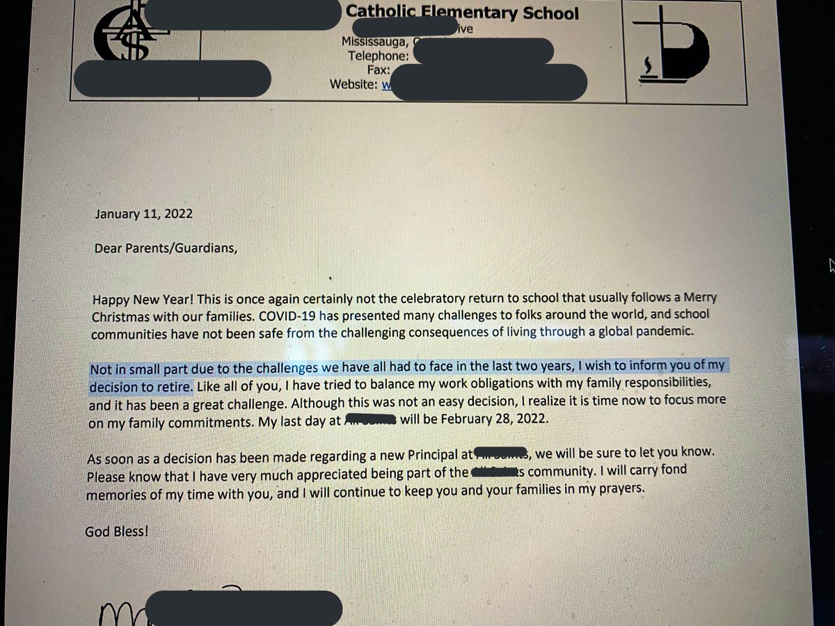 cullens's tweet photo. My kids’ elementary school principal just quit/retired due to COVID being too stressful on her family.✌️ #onpoli https://t.co/GO5I62x6Xi