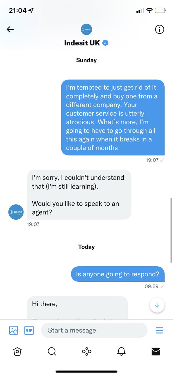 kaatherine095's tweet photo. @IndesitUK no reply to my DMs since Sunday and now my repair has been cancelled and moved to NEXT TUESDAY?!?! Something needs to be done about this. https://t.co/lacx9MkAoa