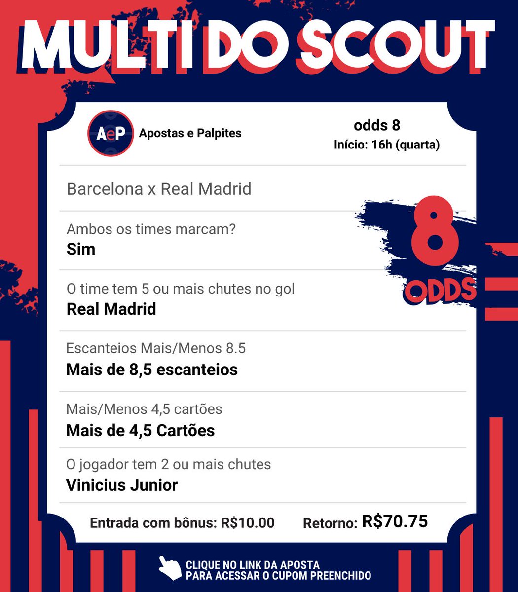 APalpites's tweet photo. 📊Barcelona x Real Madrid 

Cupom preenchido: https://t.co/8ALIjvKm1P

❗ As Multis eu faço pela Betfair, que dá 100% de bônus para novos usuários pelo link https://t.co/8c2HCyUvkO

🔞 Aposte com Moderação. Leia os Termos e Condições da Promoção https://t.co/exsCOEaEjG