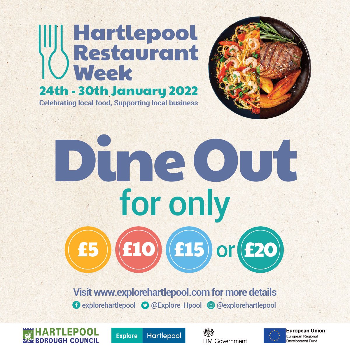 Offers for #Hartlepool Restaurant Week are now available to view at explorehartlepool.com/restaurant-wee…

Dine out for only £5, £10, £15, or £20 at participating restaurants, pubs and cafes from Monday 24th – Sunday 30th January 2022.

#explorehartlepool