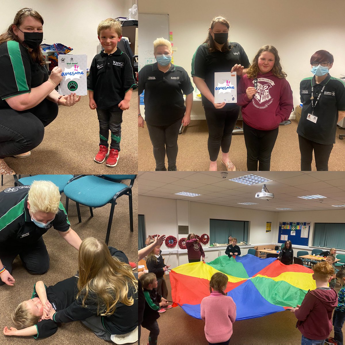 SJACNorthYouth's tweet photo. Tonight Wrexham Badgers have been busy practising making 999 calls and  the recovery position. Luckily we still had time for games! We also had a Welcome Paw for Osian and a Follow Me Badger for Lacey who becomes the first Badger to be promoted to the role within North Wales 🐾 https://t.co/91g9i0D4zq