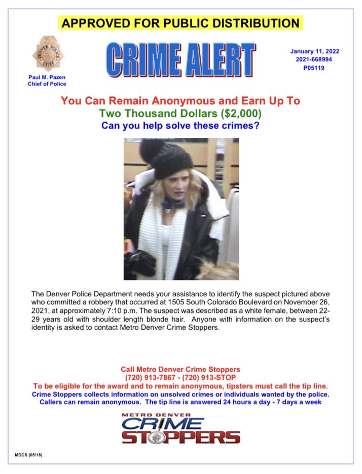DenverPolice's tweet image. #Denver, can you help investigators identify this robbery suspect? If so, please call @CrimeStoppersCO at 720-913-7867 — you can remain anonymous and earn a cash reward!