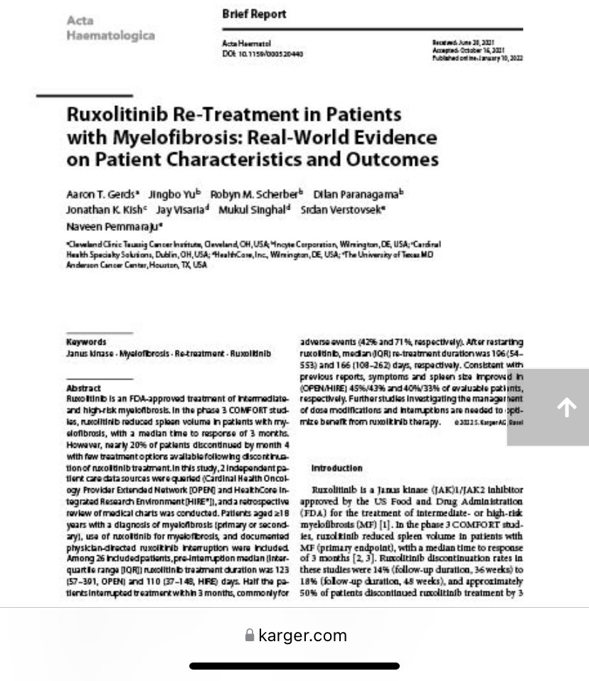 👉👉👉Our new paper just out in PubMed: Ruxolitinib re-treatment in patients w/Myelofibrosis 🙌 Acta Haematologica @KargerPublisher | karger.com/Article/Abstra… | @AaronGerds @doctorpemm | #MPNSM