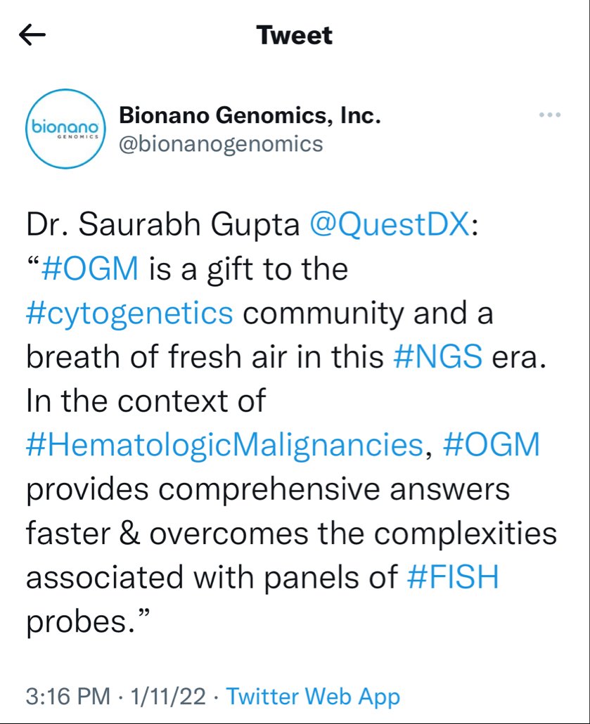 $BNGO 👀🔥🔥🔥 WHOAHH!! BIONANO TWEET: Dr. Saurabh Gupta @QuestDX: “#OGM is a gift to the #cytogenetics community and a breath of fresh air in this #NGS era. In the context of #HematologicMalignancies, #OGM provides comprehensiv... stocktwits.com/CiscoTrader/me…