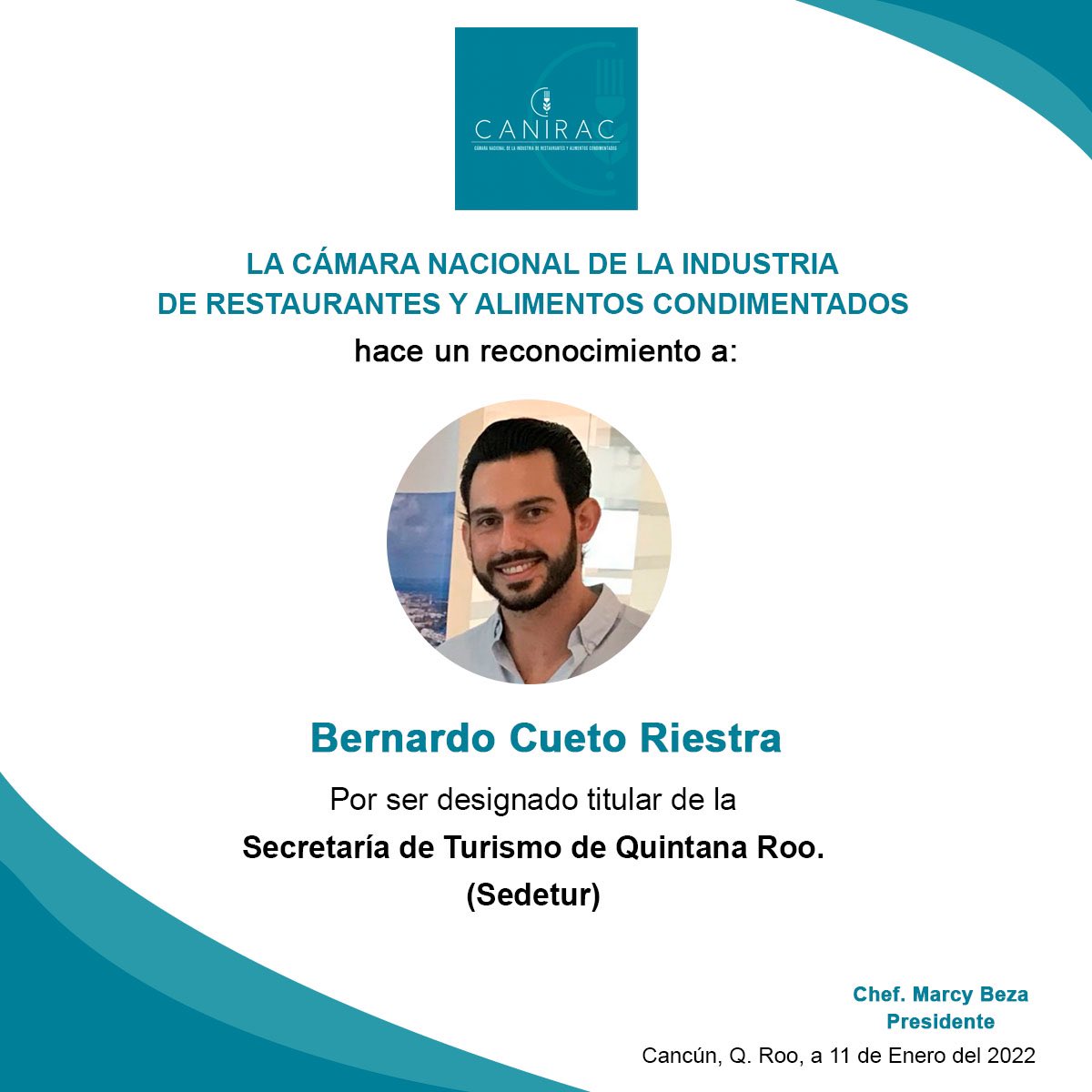 Un gran reconocimiento de parte de Canirac Quintana Roo, a Bernardo Cueto Riestra, por ser designado titular de la Secretaría de Turismo de Quintana Roo (Sedetur).

 @chefbeza_ 
.
.
#Canirac #CaniracQRoo #CaniracCancun #cancun #gastronomia #foodlover #cocinamexicana