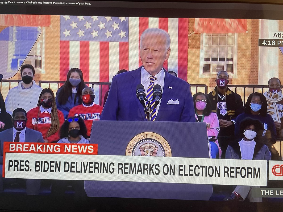 HBCU_Collective's tweet photo. It is amazing to see @ClarkAtlanta @Morehouse and @SpelmanCollege represented behind President Biden as he speaks on voting rights. #HBCUCollective #HBCUAdvocacy #Biden ##HBCU #morehouse #CancelStudentDebt #spelman https://t.co/MRaytJZfFX
