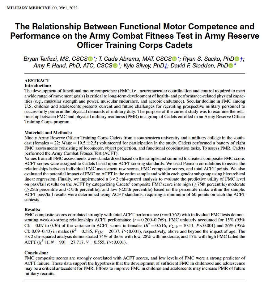 USC Athletic Training Programs (@uofsc_at) on Twitter photo NEW PUBLICATION!!
Title: Relationship Between Functional Motor Competence and Performance on the Army Combat Fitness Test in Army ROTC Cadets
Link: academic.oup.com/milmed/advance…
From <a href="/AmyFraleyHand/">Amy Fraley</a> & co-authors <a href="/BTerlizzi/">Bartolo Terlizzi</a>, T. Cade Abrams, <a href="/ryansacko/">Ryan S. Sacko PhD</a>, Kyle Silvey & David Stodden NEW PUBLICATION!!
Title: Relationship Between Functional Motor Competence and Performance on the Army Combat Fitness Test in Army ROTC Cadets
Link: academic.oup.com/milmed/advance…
From <a href="/AmyFraleyHand/">Amy Fraley</a> & co-authors <a href="/BTerlizzi/">Bartolo Terlizzi</a>, T. Cade Abrams, <a href="/ryansacko/">Ryan S. Sacko PhD</a>, Kyle Silvey & David Stodden