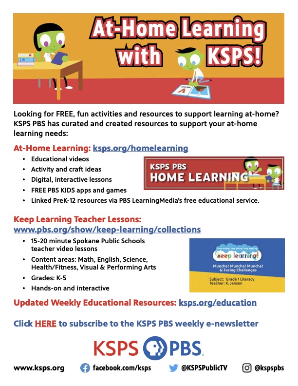 spokaneschools's tweet photo. Our partners at @KSPSEducation have curated &amp; created loads of free resources to support families &amp; students who may be learning from home: https://t.co/1f4dwUyIgB
They also have resources for students, fams, and educators that are updated weekly at
https://t.co/Hp9E9xh0yL https://t.co/8rArn2J3m1