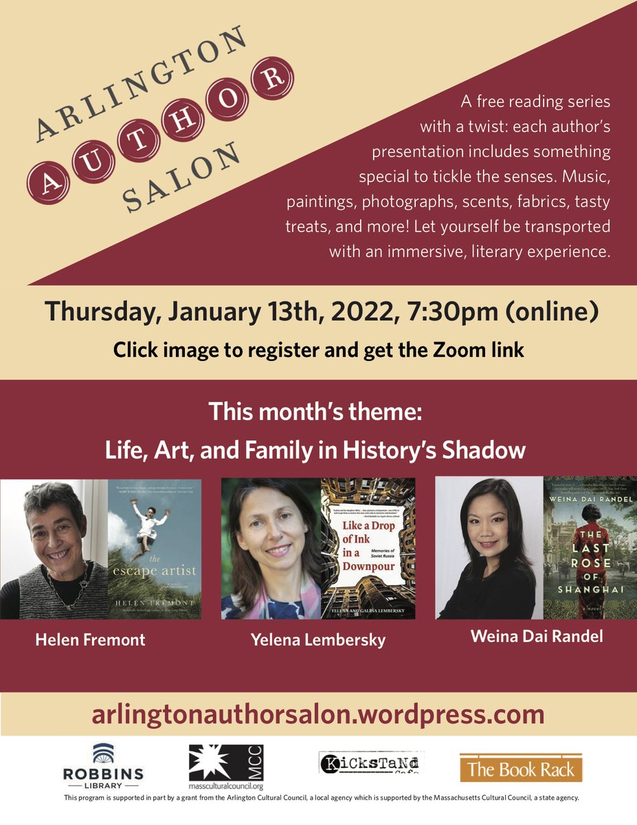 ArlReads's tweet image. Winter Author Salon on 1/13 at 7:30 EST with @WeinaRandel, @HelenFremont, and Yelena Lembersky #ArlingtonMA #Literature #Authors - mailchi.mp/836f57947143/j…