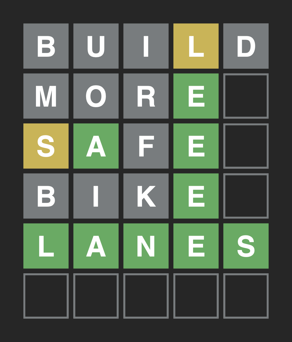 graphic in style of wordle game with words BUILD MORE SAFE BIKE LANES