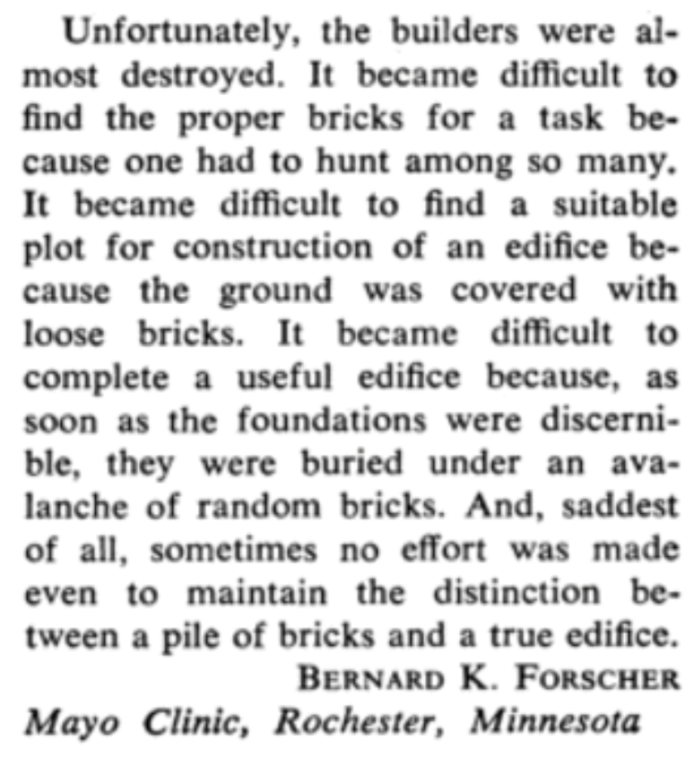 wgilpin0's tweet photo. Excerpts from “Chaos in the brickyard,” a 1963 letter to Science by Bernard Forscher about science as “brickmaking” as opposed to "building"
https://t.co/JbzqqfDbON https://t.co/AxZ4K19o67