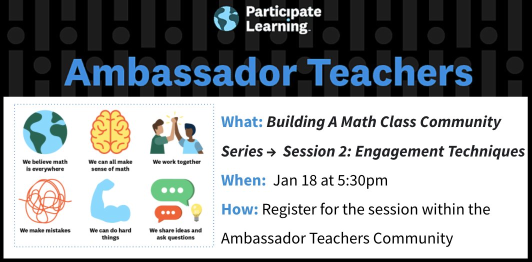 We are excited about Part 2⃣ in the <a href="/ParticipateLrng/">Participate Learning</a> series on Building a Math Class Community!

⚡️Join us next Tues for our live session
⚡️Hosted by @Tiffany61308412 + <a href="/LynlyCampbell/">Lynly Campbell</a>  
⚡️AND featuring special guests <a href="/KarleneParkins1/">Karlene Parkinson</a> + <a href="/FineganShanique/">Shanique Finegan</a>!