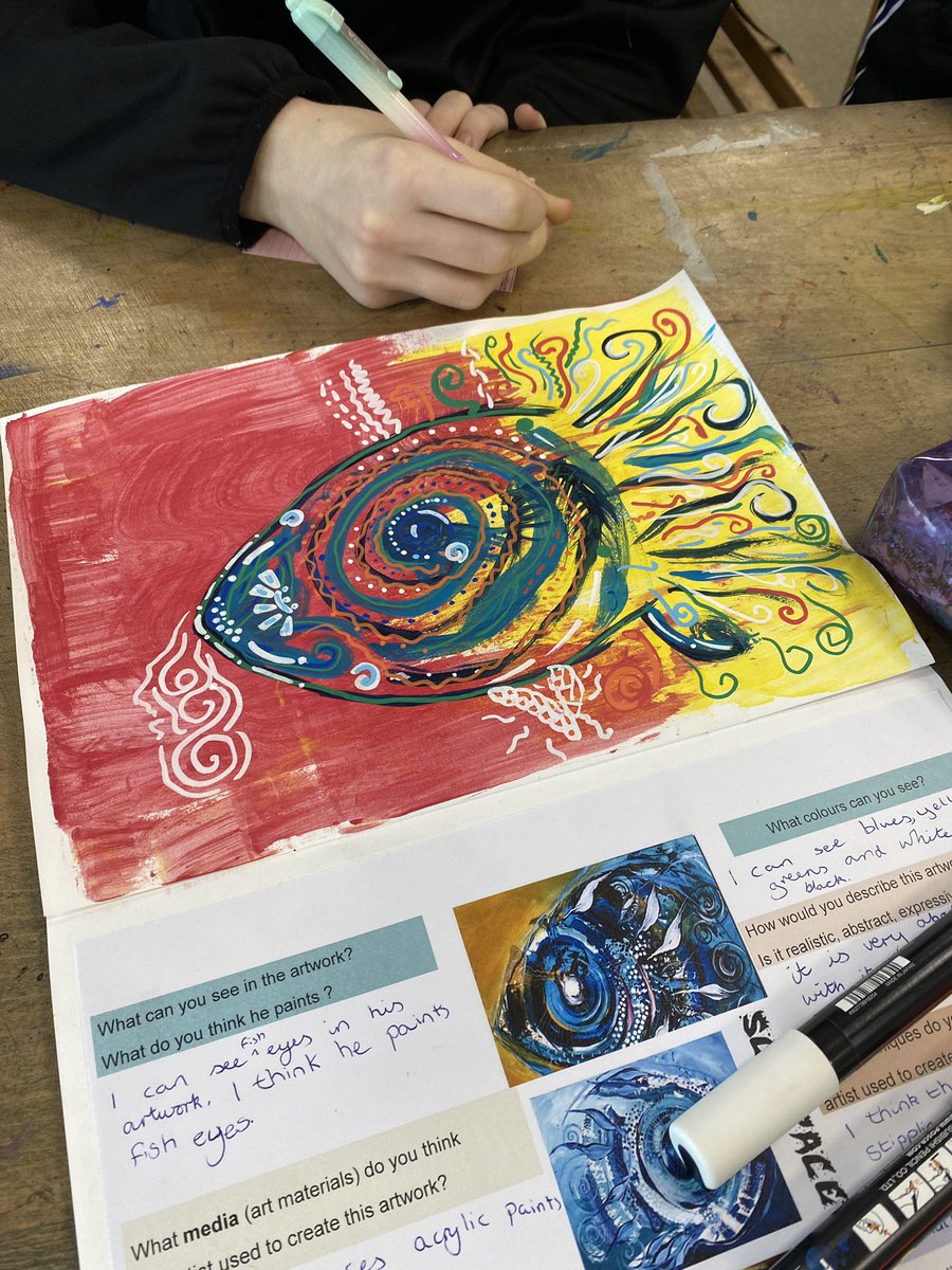 Year 7 created some fantastic abstract fish inspired by Scarpace today! #year7 #paint #colour