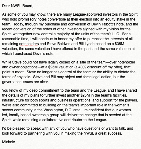 mollyhc's tweet photo. New: Per a source, here's the full text of a letter sent from Michele Kang to the NWSL's Board of Governors, claiming that Steve Baldwin "no longer has control of the team or the ability to dictate the terms of any sale." https://t.co/AUk7UHAfPz