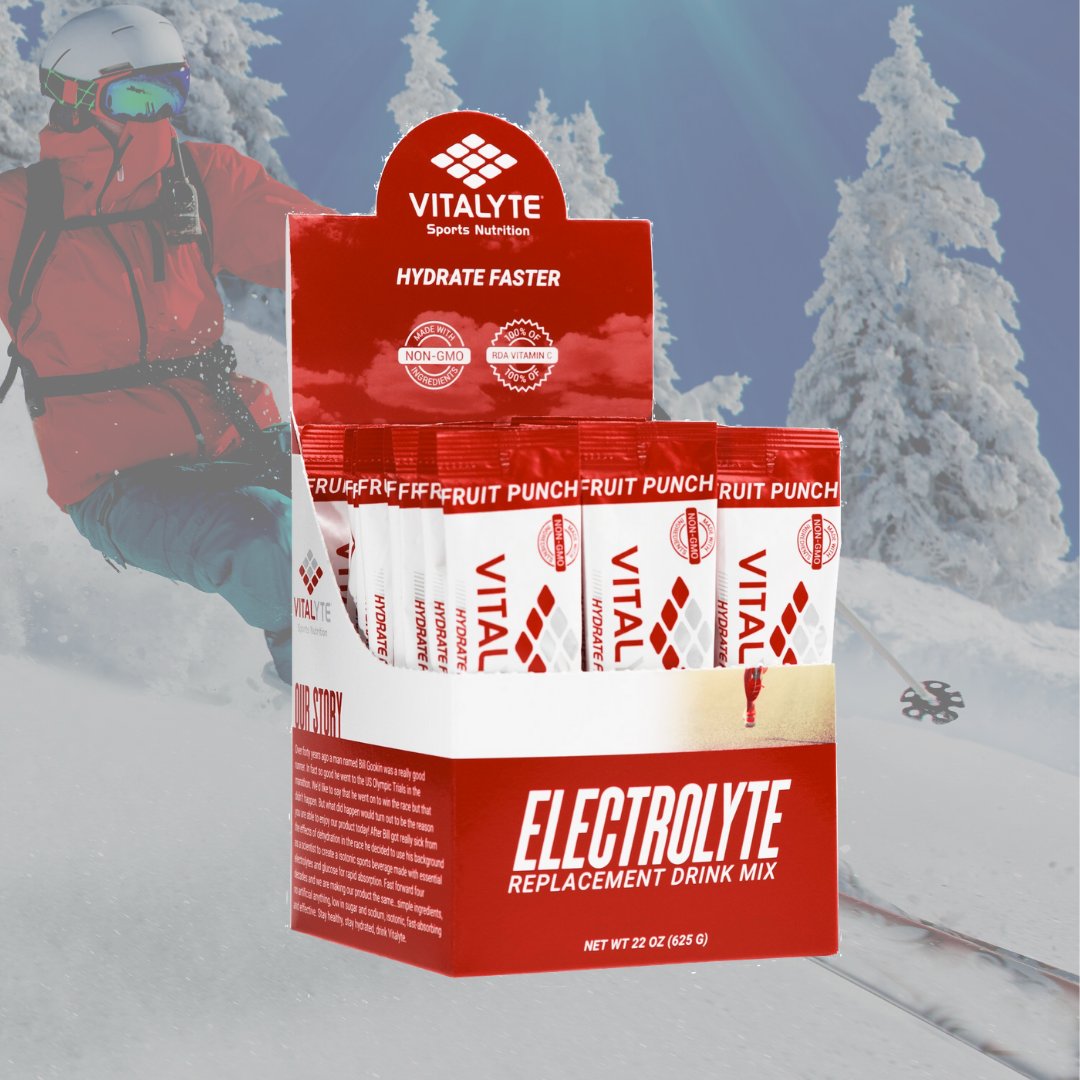 When on the mountain you should be consuming water before, during, and after. 
⛷
Whether you are in bounds or out of bounds, staying hydrated is a must. Hydrate Faster with Vitalyte!
