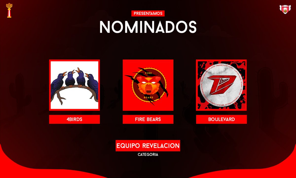 👤 Nominados (8/16) 👤

Categoría:
 Equipo Revelación del 2021

▪️ @4BirdsBS
▪️ <a href="/FireTeam_GG/">FIRE❤️‍🔥 ØWLS🦉</a>
▪️ <a href="/BoulevardGG/">Boulevard eSports</a>

¡Felicitaciones! 🎉

#BSPeruAwards