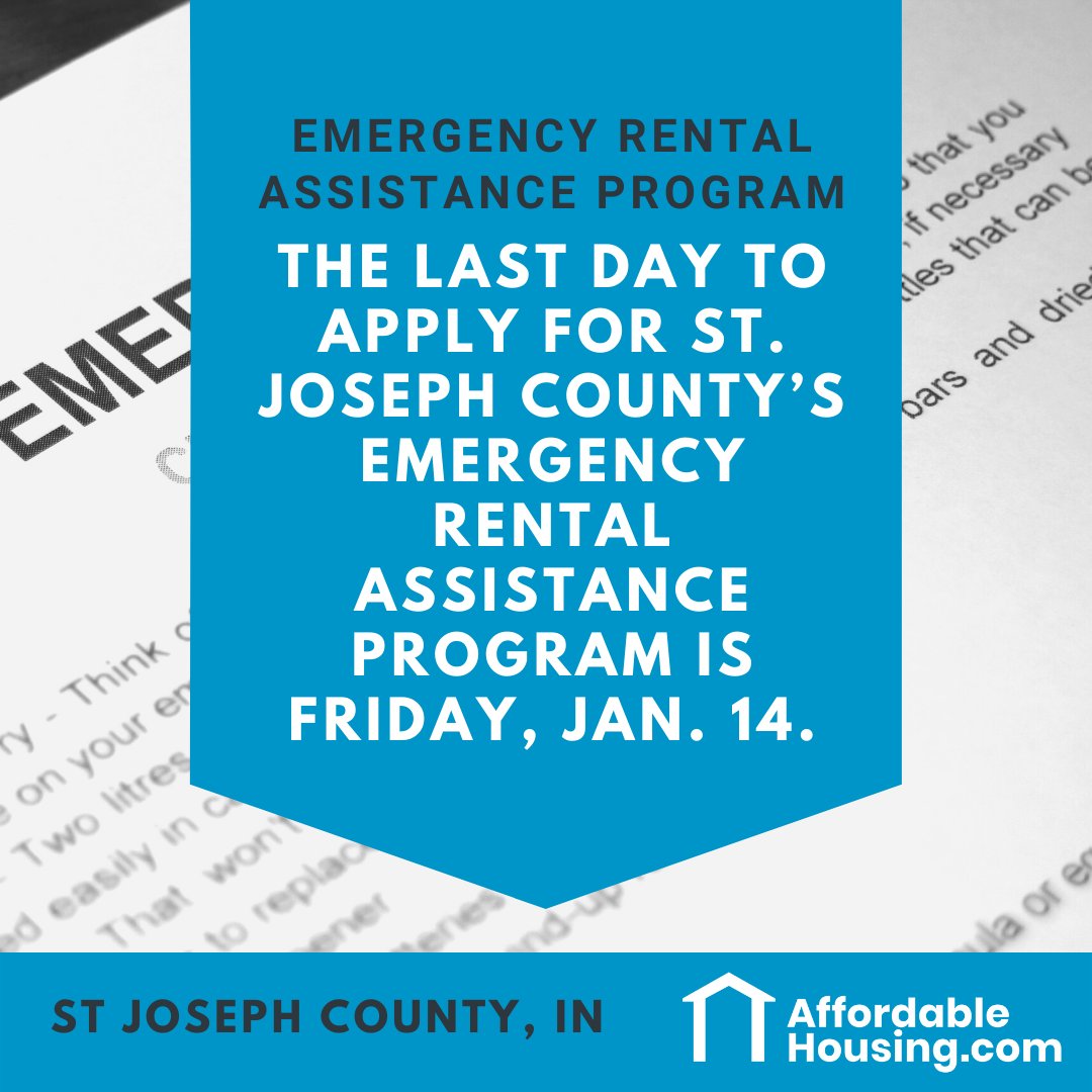 AffordHousng's tweet image. The deadline to apply for the Emergency Rental Assistance Program is on Friday January 14, 2022 St. Joseph County, IN (@sjcindiana) bit.ly/3tg1Q58 #emergencyrentalassistance #rentalassistance #helpwithrent #affordablehousing #stjosephcounty #indiananews #indiana