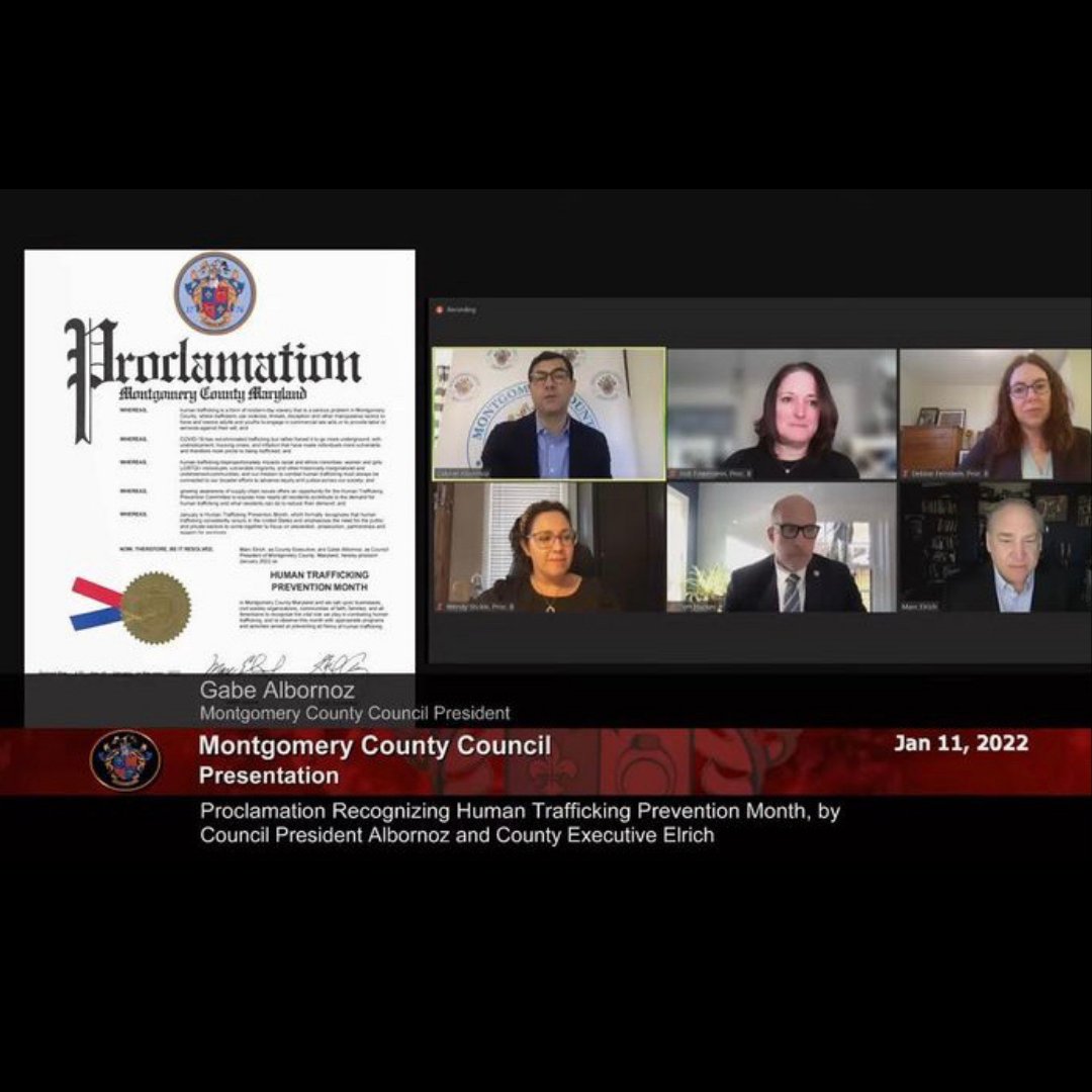 On Tuesday, Jan. 11, Montgomery County Executive Marc Elrich and the Montgomery County Council proclaimed January as #HumanTraffickingPreventionMonth in the county.