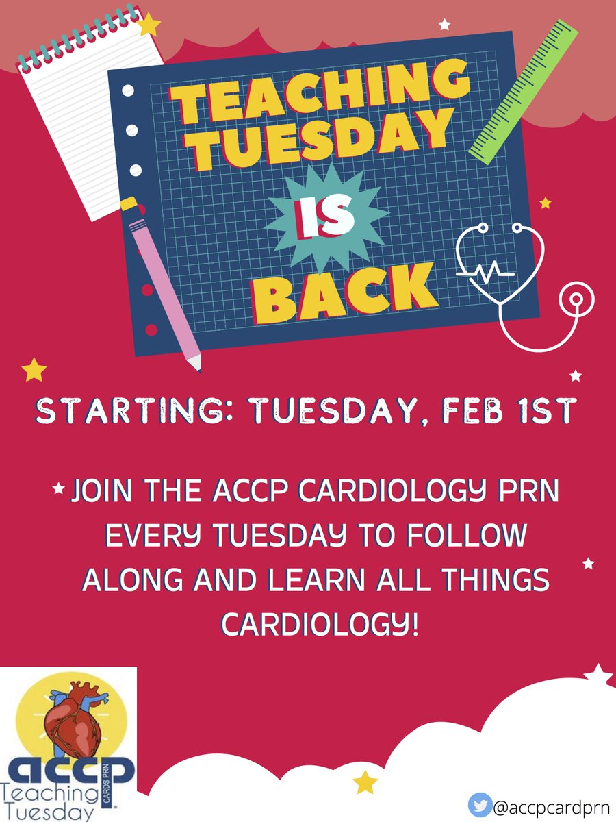 accpcardprn's tweet photo. #TeachingTuesday IS BACK! Please join the ACCP Cardiology PRN starting Tuesday, Feb 1st for our very first Teaching Tuesday post of 2022! We have great cardiology content planned for this year. Mark your calendars 🗓️and follow along! #cardiotwitter https://t.co/W2RSh5pflB