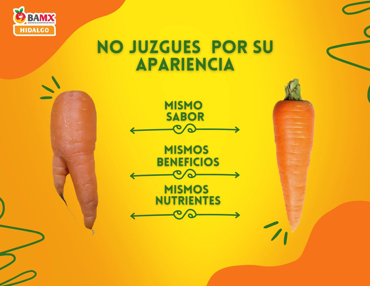 CUANDO VEMOS A UNA FRUTA O UNA VERDURA DE UNA FORMA DIFERENTE A LA QUE ESTAMOS ACOSTUMBRADOS A VER PREFERIMOS TOMAR OTRA, DEJANDO A UN LADO QUE LO IMPORTANTE NO ES LA FORMA SINO  TODOS LOS NUTRIENTES Y BENEFICIOS QUE CONTIENEN.
#bamxhidalgo #TodossomosBAMX