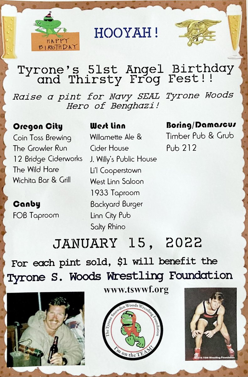 THIS SATURDAY!  For each pint sold, $1 will benefit the Tyrone S. Woods Wrestling Foundation 👍👍👍 #OregonCity #WestLinn #Canby #Damascus #Hooyah