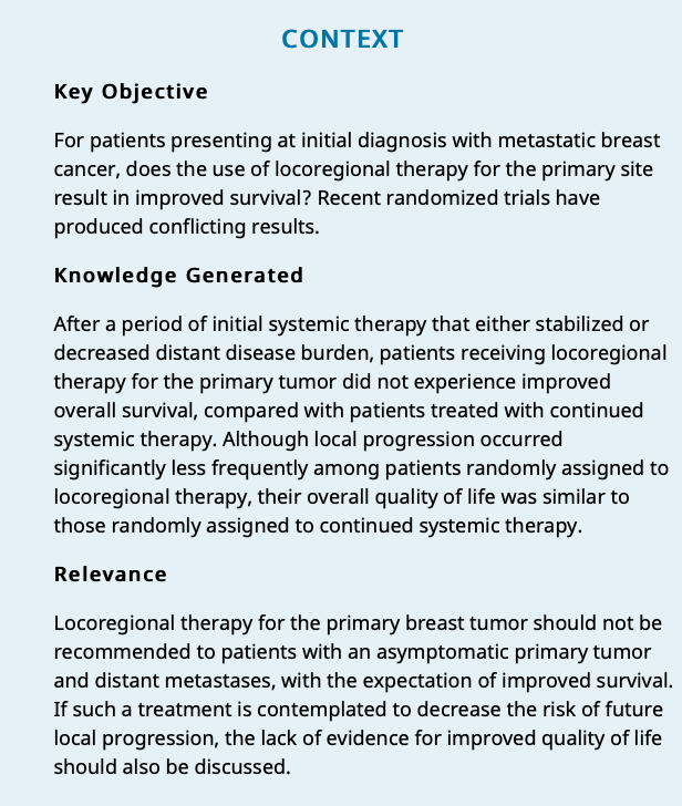 #bcsm EA2108 in <a href="/JCO_ASCO/">Journal of Clinical Oncology</a>. 
👉Pts w/ de novo #MBC &amp; intact primary (N=390)
👉Got 4-8 mos syst therapy &amp; if no PD, rand to early logoregional therapy or continue syst tx
👉No sig diff in 3y OS (68% both) or QoL 
👉Less 3y LR progression w/ ELRT (16 vs 40%)
bit.ly/3K2DHVv