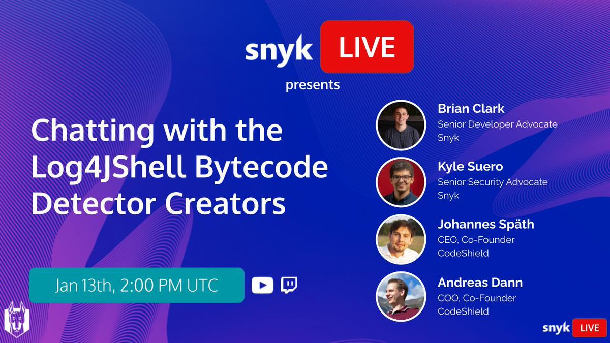 Snyk (@snyksec) on Twitter photo 📆 Mark your calendars!
On Jan. 13, join @h4ck3r_ky13 and <a href="/_clarkio/">Brian Clark</a> as they chat with <a href="/JohSpaeth/">Johannes Späth</a> and <a href="/_a_dann/">Andreas Dann</a> about the Log4JShell Bytecode Detector!
📺 Tune in: twitch.tv/snyklive
Check out the project: bit.ly/3nhpo5K #Log4j #Maven 📆 Mark your calendars!
On Jan. 13, join @h4ck3r_ky13 and <a href="/_clarkio/">Brian Clark</a> as they chat with <a href="/JohSpaeth/">Johannes Späth</a> and <a href="/_a_dann/">Andreas Dann</a> about the Log4JShell Bytecode Detector!
📺 Tune in: twitch.tv/snyklive
Check out the project: bit.ly/3nhpo5K #Log4j #Maven