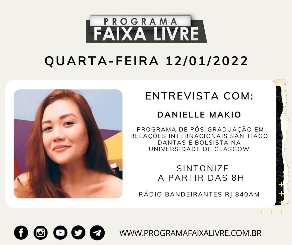 Amanhã, a partir das 8h no Programa Faixa Livre da Rádio Bandeirantes RJ, a pesquisadora do Observatório de Conflitos, <a href="/DanielleMakio/">Danielle Amaral Makio</a> , dará uma entrevista sobre a situação da revolta no Cazaquistão

É possível sintonizar e acompanhar pelo site: programafaixalivre.com.br