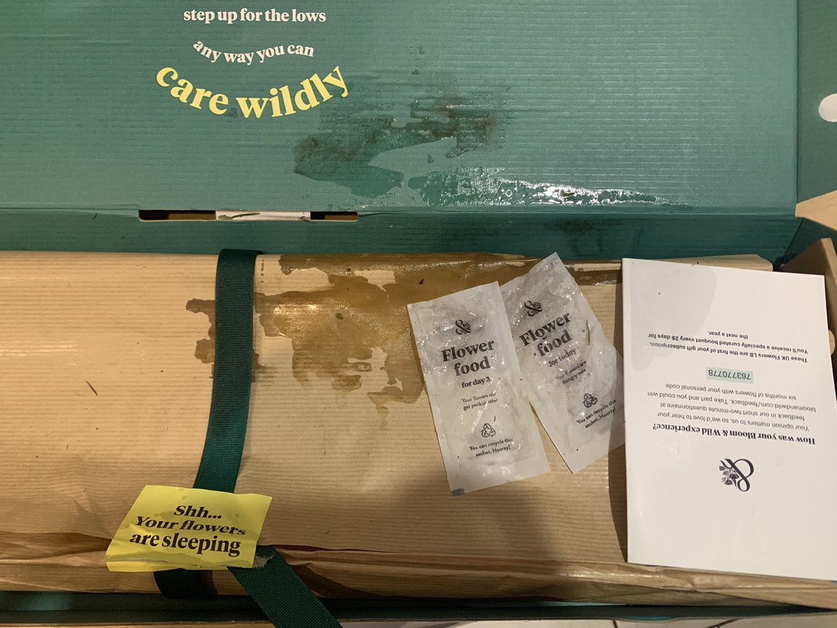 aliceh710's tweet photo. @WillowAndBlooms the first instalment of my flower subscription arrived a day late and also covered in something sticky making the feed unusable! https://t.co/59Zed1k55z