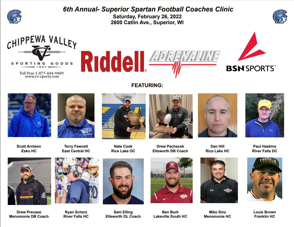 Registration is now open for the 2022 Superior Spartan Football Coaches Clinic!  We have another fantastic lineup this year which we will be spotlighting over the next few weeks.  For more information and to register visit superiorfootball.net