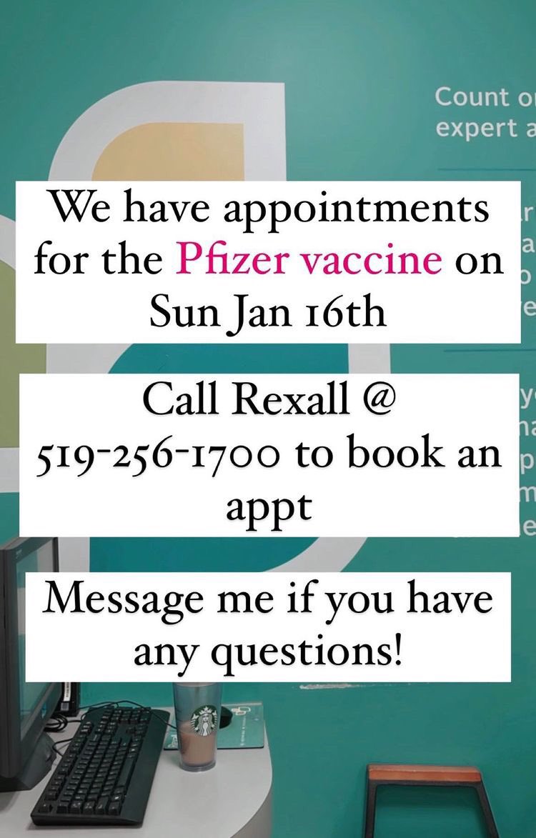 WindsorVax's tweet photo. 🚨PFIZER APPOINTMENTS AVAILABLE

🏥 Rexall Pharmacy
1215 Ouellette Ave, Windsor ON https://t.co/nYNUgTQ5LM