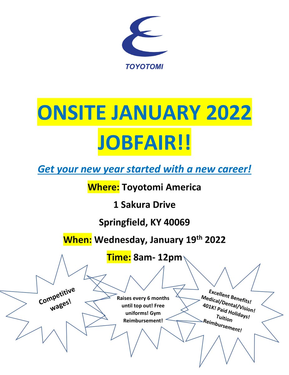 Toyotomi is hosting an onsite job fair on Wednesday, Jan. 19 from 8am-12pm in Springfield. The manufacturer offers competitive wages, monthly raises during the first six months, and a benefits package that includes medical, dental, and vision.