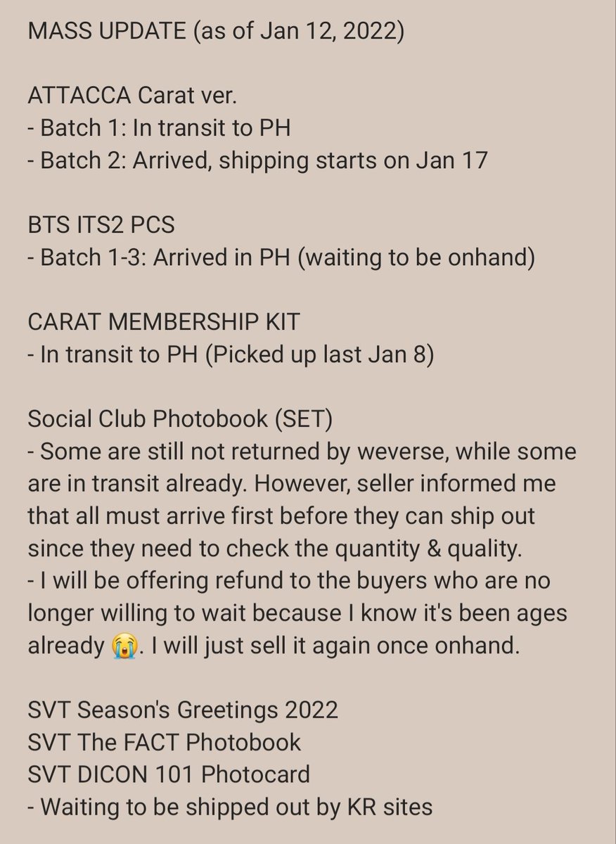 TITAMOOMANILA's tweet photo. #TitamooUpdates
For ATTACCA Carat version batch 2 buyers, shipping details will be sent via email.
Further details of updates regarding BTS ITS2 PC & Social Club Photobook will be sent through email as well.
Thank you! https://t.co/iirqIAHH5p