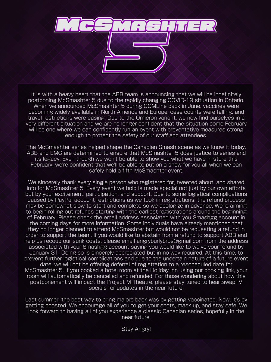 McSmashter's tweet photo. An update regarding McSmashter 5 in response to the Omicron variant of COVID-19. https://t.co/Y7GFaR7qHF