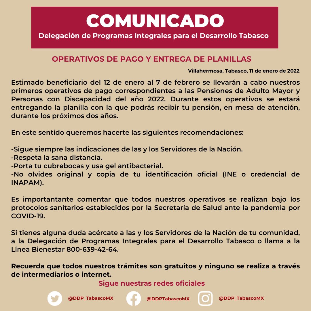 DDP_TabascoMX's tweet photo. #Comunicado

📌Primer Operativo de pago y entrega de planillas 2022 

📌Pensiones #AdultoMayor y
#PersonasConDiscapacidad 👇🏽 https://t.co/46TQQsAmQi