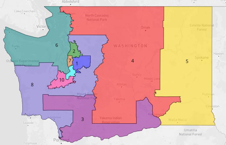 lad_map's tweet image. If Washington Republicans controlled the redistricting process, they still would only be able to gain 1 seat. The map below changes district 3 from a Trump+3.5 district to a Trump+6 district and flips district 8 to become a Trump +11 seat. #ElectionTwitter