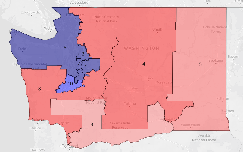lad_map's tweet image. If Washington Republicans controlled the redistricting process, they still would only be able to gain 1 seat. The map below changes district 3 from a Trump+3.5 district to a Trump+6 district and flips district 8 to become a Trump +11 seat. #ElectionTwitter