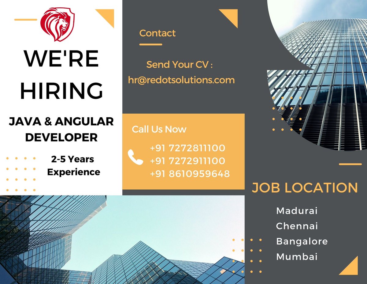 RedotSolutions's tweet image. We are hiring Angular &amp;amp; Java Developers !!
Job Location : Madurai,Chennai, Bangalore,Mumbai
Experience : 2+ years

Do not Miss Out!!
Drop your resume at : hr@redotsolutions.com
Enroll your name via call/WhatsApp  :+91 7272811100 , +91 7272911100
#angular #java #hiringnow #hiring