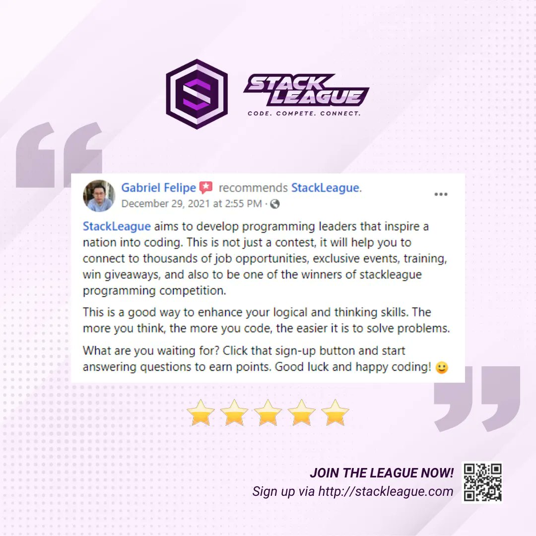 StackLeague's tweet image. Elevate your programming skills like Gabriel! StackLeague 2022 is launching soon and it's bigger and louder than before. Don't miss it!
#StackLeague #ProgrammingPH #codingph #philippineprogrammers