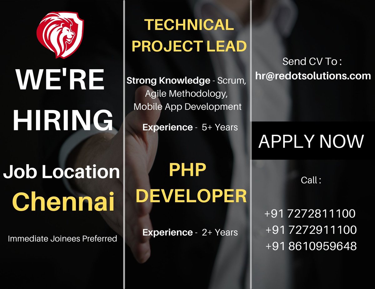 RedotSolutions's tweet image. Urgent Hiring !!
We are hiring #PHP Developer &amp;amp; Technical Project Lead !!
Experience -
PHP Developer - 2+ Years
Technical Project Lead - 5+ Years 
Drop your resume at : hr@redotsolutions.com
Enroll your name via call/WhatsApp  :+91 7272811100 , +91 7272911100
#hiring2022