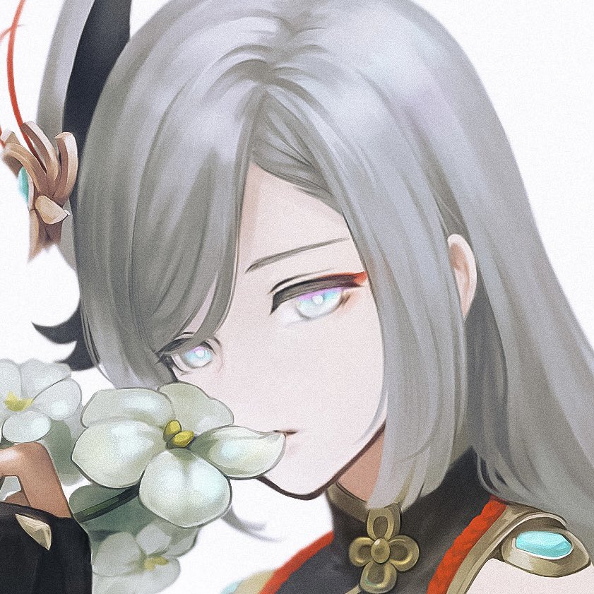 shenhe (genshin impact) 1girl flower solo grey hair holding long hair white background  illustration images