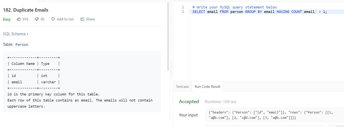 zenemm_'s tweet image. Daily Leetcode - 182:
Pleasantly surprised that there are SQL problems on here. Haven't used SQL in a while but a bit of googling and this one was simple.
#100DaysOfCode #codesolution