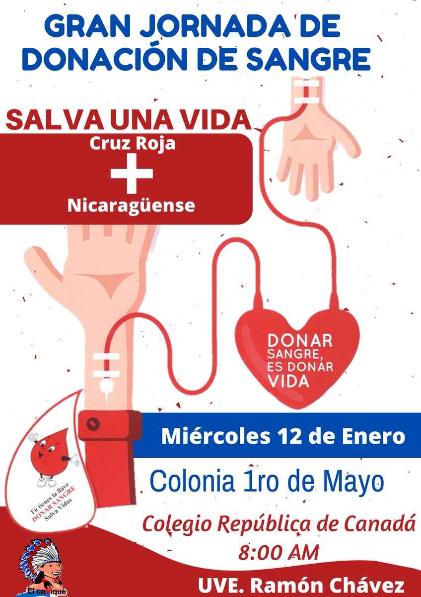 ➕ Gran jornada de donación de sangre, cruz roja Nicaragüense, miércoles 12 de Enero a partir de las 8:00 AM, en el colegio Canadá de la colonia 1ro de Mayo. "Salvemos una Vida" 🚑

#SomosPuebloPresidente
<a href="/FlixnoelGmezri1/">📢FENOGORI🌴🇳🇮</a> .<a href="/ElMachoAguero/">🇳🇮🐦 🅴🅻🅼🅰🅲🅷🅾🅰🅶🆄🅴🆁🅾 🔴⚫</a>