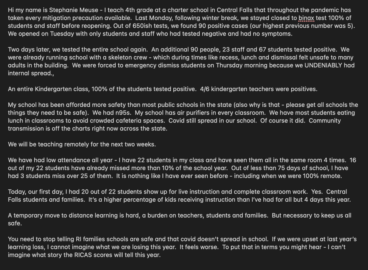 Here's the public comment (that, along with 14 others, <a href="/RIDeptEd/">Rhode Island Department of Education (RIDE)</a> board <a href="/AInfanteGreen/">Angelica Infante</a> decided to hear &amp; then not address tonight).

TY to all who continue to speak up for our students, teachers and families.  We all deserve better.