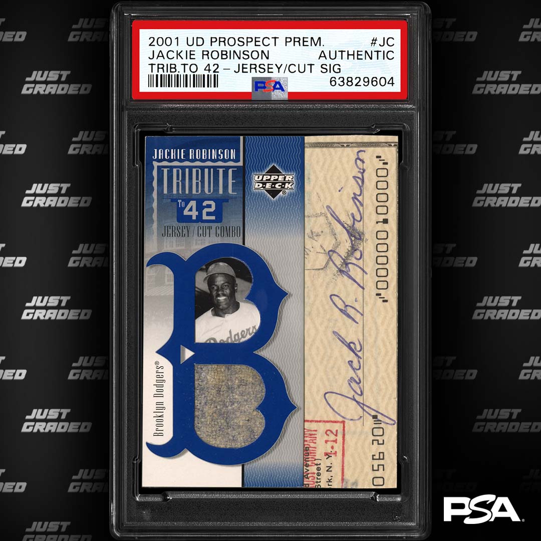 PSAcard's tweet image. Come for the game-used jersey swatch, but stay for the incredible Jackie Robinson cut signature from a personal check. ✍️