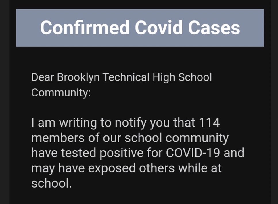 Here’s an email kids at Brooklyn Tech got today, informing them of 114 cases in their school. On Friday they got a similar note reporting 85 cases.