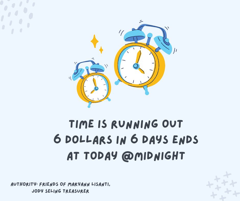 DelegateMaryAnn's tweet photo. Only 5 hours left 2 donate to my #6d6d Challenge! Have U?
My goal is 2 raise $6 from every person I know in 6 days 4 my campaign. Time is running out $6 in 6 days ends 2day @ 12AM. Donate here >> https://t.co/obKKkkXDqv
#MaryAnn #Harford #harfordcounty #harfordcountymd #HarCo https://t.co/J04p1gl8Xu