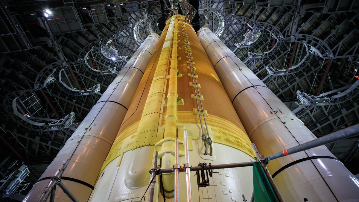 A close-up view of the Artemis I Space Launch System rocket inside the Vehicle Assembly Building at NASA’s Kennedy Space Center.